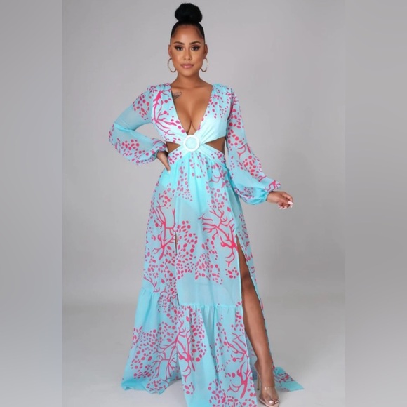 Teal Maxi Dress with Coral Floral Design - Picture 2 of 9